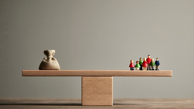 Wealthy money bag balances on seesaw against group