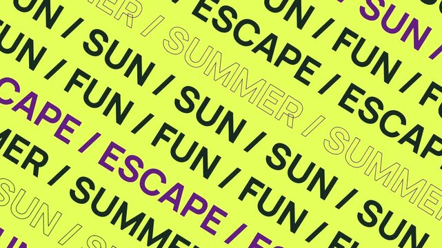 Energetic motion graphic featuring diagonal repeating text with summer themes like sun, fun, escape, and summer. Perfect for seasonal promotions and club advertisements.