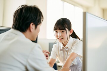 Obraz premium 日本の受験生が答案用紙に答えを書き込む、対話が伝わる構図