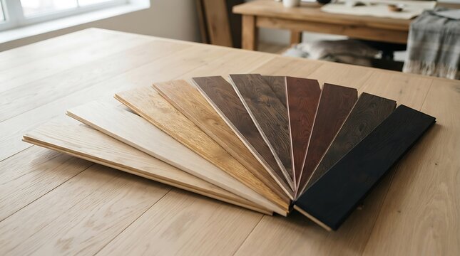 Wood flooring samples fan out on a hardwood table showcasing various colors and finishes
