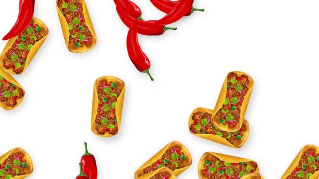 Falling Tacos and Red Chili Peppers Animation on White Background