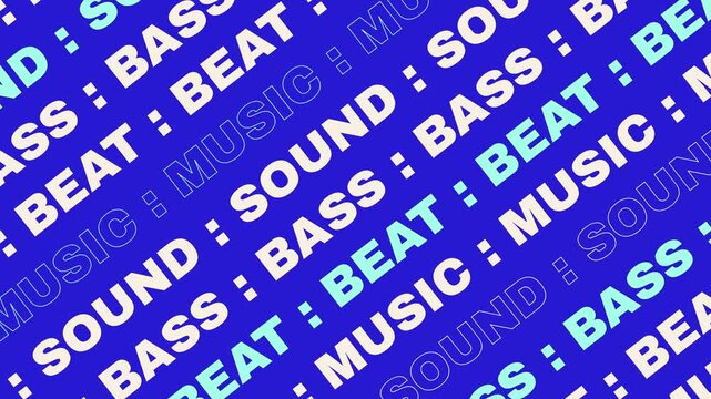 Dynamic diagonal motion graphic featuring repeating text of BASS, BEAT, SOUND, and MUSIC on a blue background. Perfect for audio and music-related content.