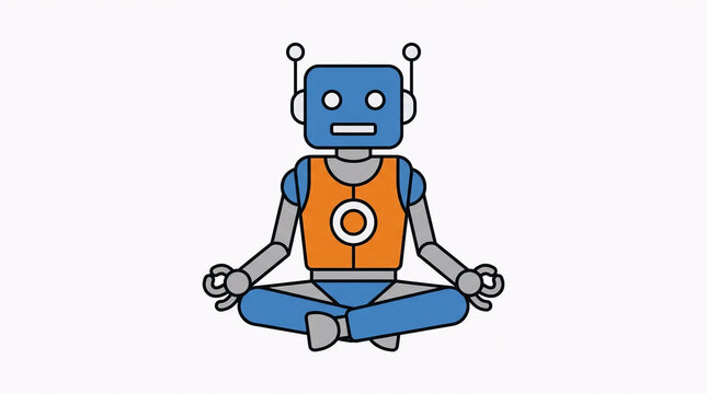 A modern vector icon of a blue and orange robot sitting cross-legged in a peaceful zen yoga meditation pose.