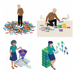 Isometric illustrations of data management, information organization, business analytics, and problem-solving concepts showing people sorting and processing data. © cantik
