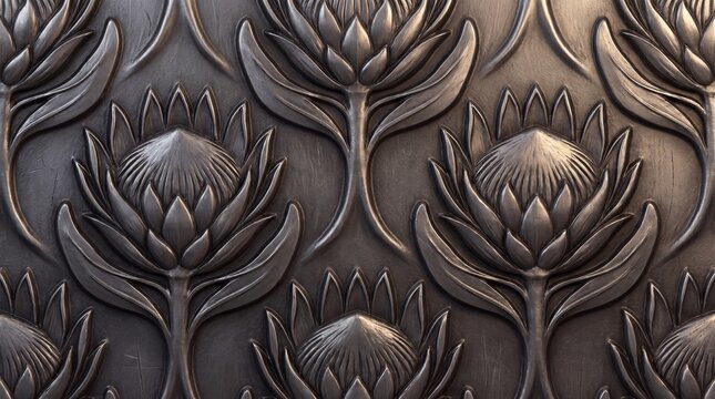 Metallic protea flower relief pattern with brushed silver texture and sculpted details