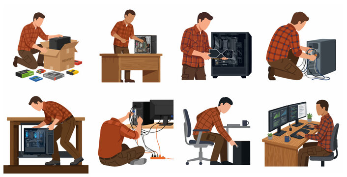 Collection of illustrations showing a man assembling, repairing, and working on a desktop computer workstation