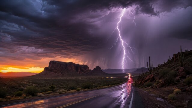  dramatic lightning strike illuminates a desert road at sunset beneath stormy purple clouds and rugged mesas.