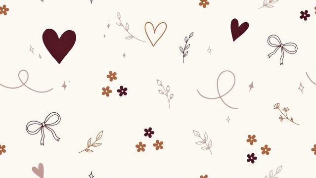 Seamless boho style pattern with hand-drawn hearts, flowers, and botanical leaves on a cream background for romantic textile design
