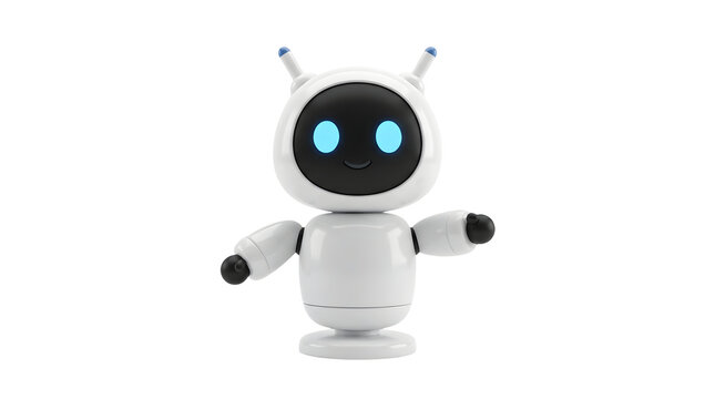 Cute white robot character with glowing blue eyes isolated on a white background