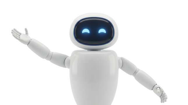 Friendly white robot character waving hello isolated on white background