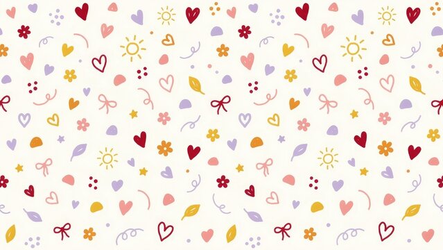 Seamless hand-drawn doodle pattern with colorful hearts, flowers, suns, and bows on a light cream background for textile and wallpaper design