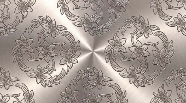 Metallic silver floral damask pattern with brushed texture for modern interior wall