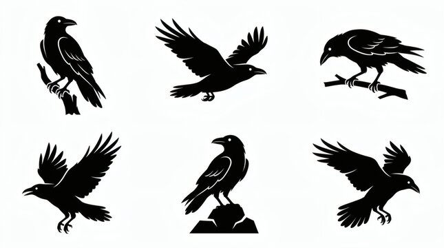 Set 6 Black Raven Silhouette Icons Different Flying Perched Pose White Background

