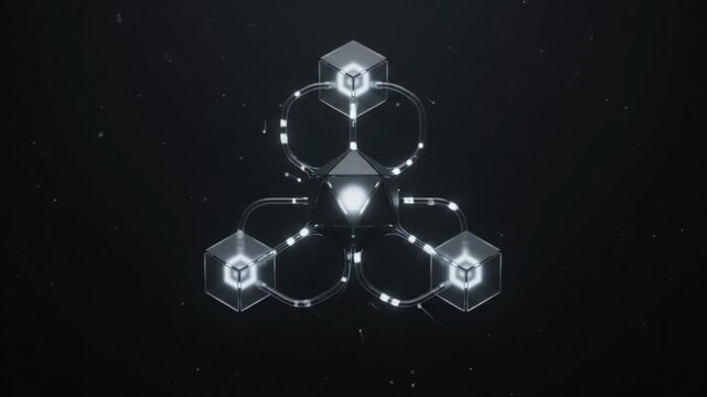 3D motion icon animation of a glowing AI agent orb activating and connecting with surrounding cube nodes on a dark background