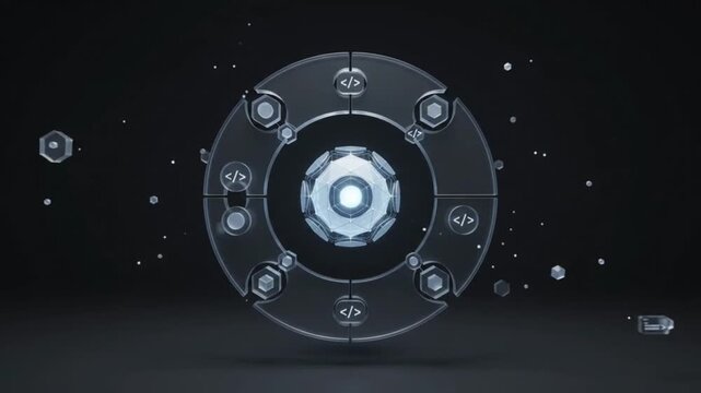 3D motion icon animation of an AI coding agent sphere surrounded by floating code snippets and programming icons
