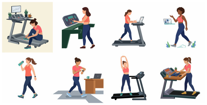 Set of women working and exercising on treadmills, practicing healthy lifestyle and multitasking in home office environment flat vector illustration.