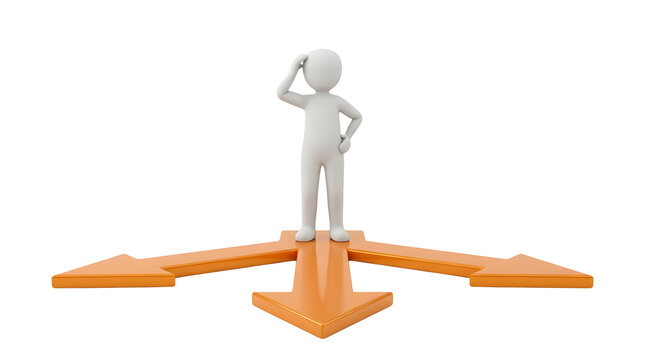 3D white character standing at a crossroads making a difficult decision with orange arrows.