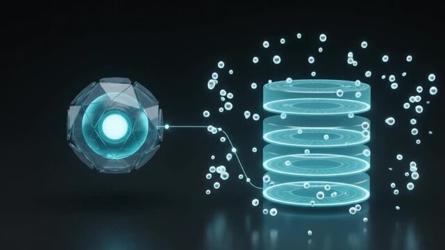 3D motion icon animation of a crystal AI node connecting with a glowing link to a stacked database icon