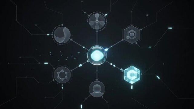 3D motion icon animation of a glowing AI node connected to multiple icons representing an intelligent decision engine