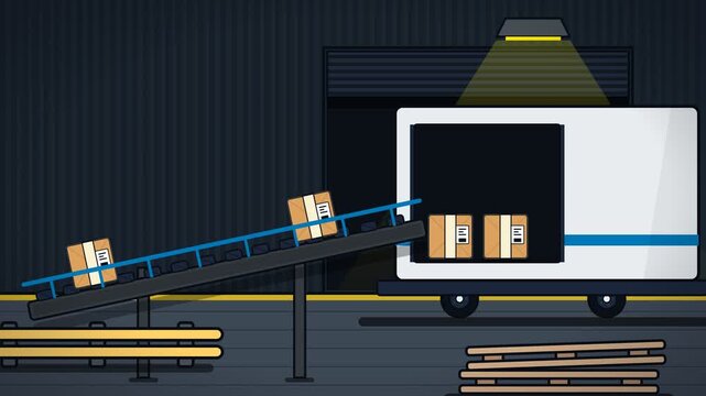 Animation of parcels on a conveyor belt being loaded into a delivery truck at a distribution center