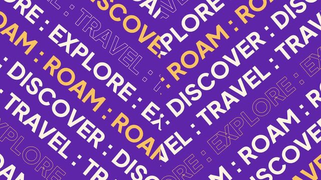 Vibrant purple background featuring a dynamic diagonal pattern of repeating adventure words: Explore, Roam, Travel, and Discover in white and yellow typography.