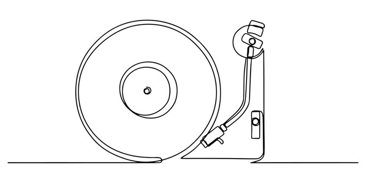 Simple line drawing illustration of a vintage vinyl record player turntable with tone arm playing music in a classic style