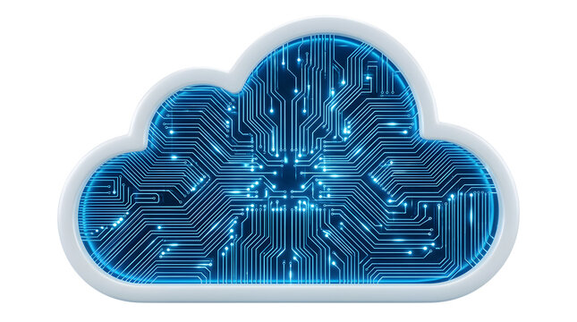 Blue digital cloud computing icon with circuit board pattern isolated on white background