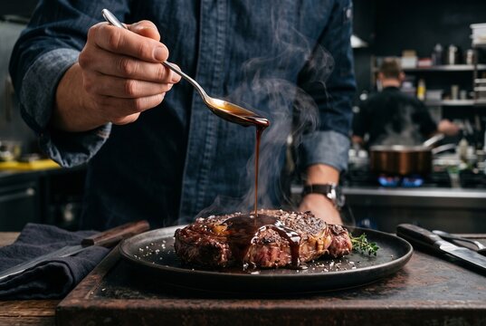  Slow-motion macro shot of dark glossy jus sauce being drizzled from a spoon onto a perfectly seared steak, chef hand visible, steam rising, elegant dark luxury background, vibrant colors