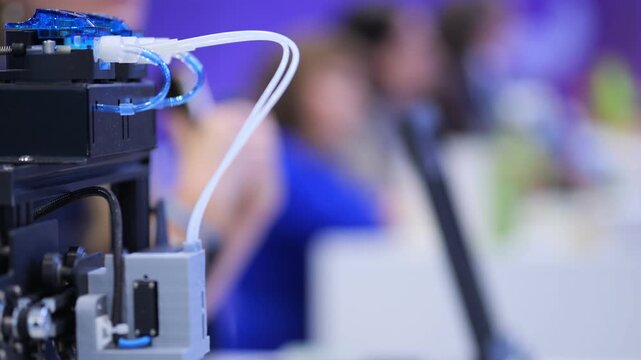 Close-up of 3D printer in operation. Blue cable connects to machine. Background shows blurred human activity. Focus stays sharp on printer components