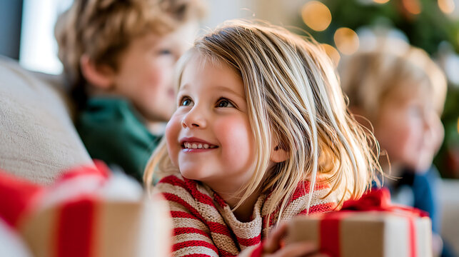 Candid holiday portrait of siblings gathered by a glowing Christmas tree, sharing excitement, laughter, and genuine festive moments.