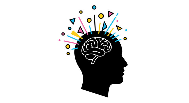 Illustration of a human head silhouette with a brain and colorful abstract shapes exploding outwards, symbolizing creativity and ideas.