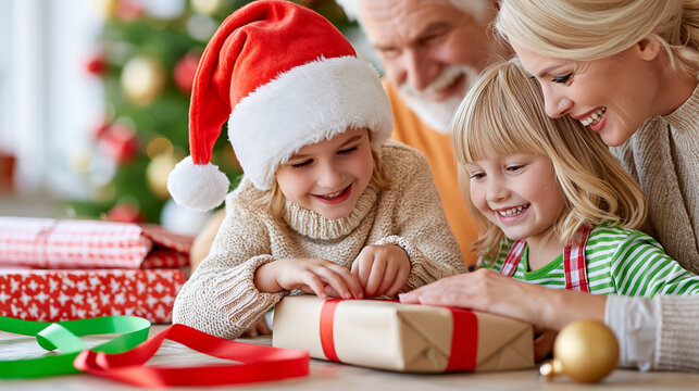 Children eagerly unwrapping Christmas gifts while parents and grandparents watch with smiles, capturing heartfelt holiday memories.