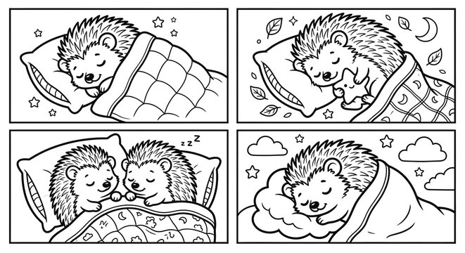 Isolated on pure white background, a collection of 4 cozy hedgehogs sleeping under blankets and on pillows, arranged in a 2x2 grid layout, thick black coloring page line art, clean vector borders, 8k 