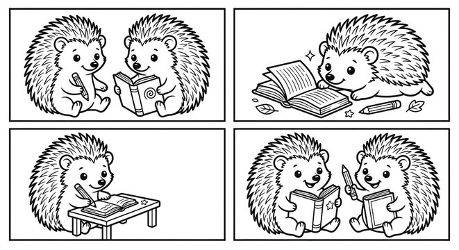Isolated on pure white background, set of 4 cute baby hedgehogs reading books and holding pencils, arranged in a 2x2 grid formation, sharp black vector outlines, white fill, printable coloring clipart
