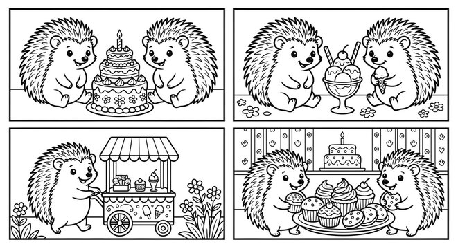 Isolated on pure white background, a collection of 4 cute hedgehogs with cakes and ice cream, arranged in a 2x2 grid, thick black outline vector art, coloring page style for children, high-contrast li