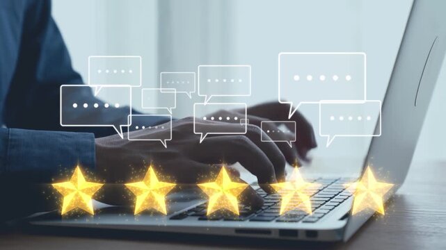 A close-up view of hands typing on a laptop with glowing stars and messaging icons, illustrating the concept of user feedback and digital engagement in today work environment. Qubit