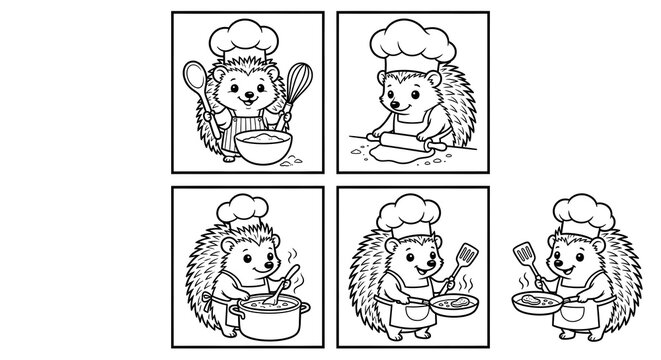 Isolated on pure white background, set of 4 cute hedgehog chef clip art elements arranged in a 2x2 grid bundle, wearing aprons and cooking, clean black vector outlines, coloring book page format, smoo