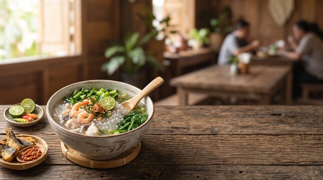 Authentic Sinonggi: Traditional Indonesian Sago Porridge with Fish Soup and Seafood on Wood Table