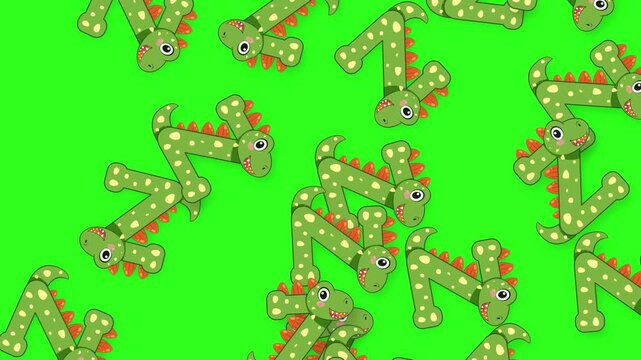 Cartoon Dinosaur Letter Z Objects Falling on Green Screen Background