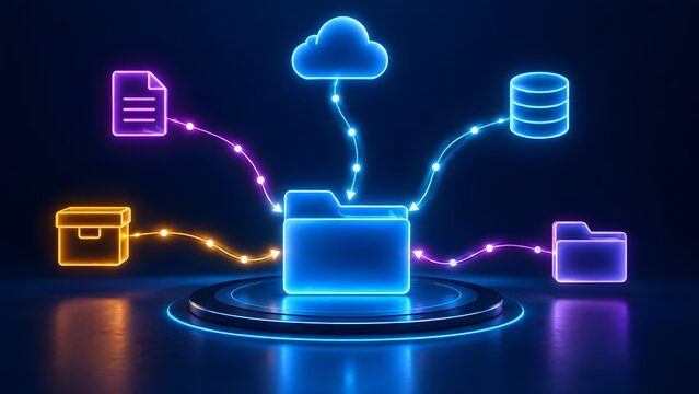 Futuristic File Sharing Network and Cloud Database Routing System with Glowing Connections