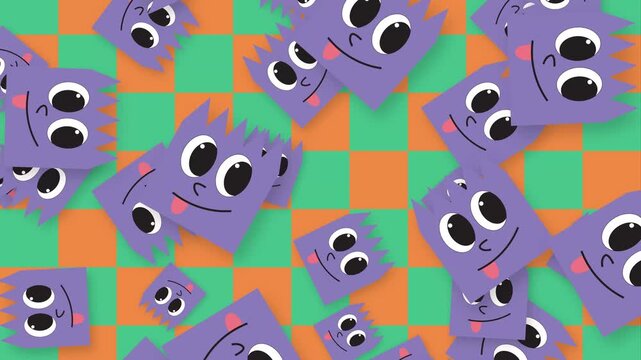 Animated Purple Cartoon Characters Falling Over a Colorful Checkered Background