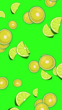 Vertical Animation of Falling Lime Slices on Green Background