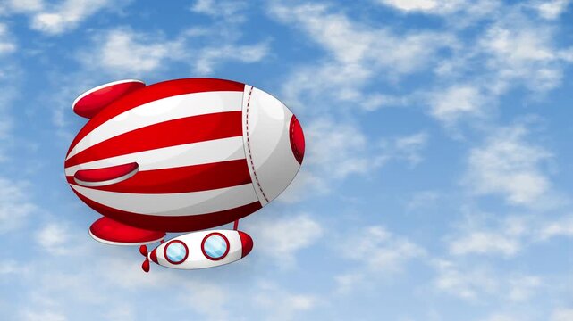 Cartoon Red and White Striped Blimp Flying Across Blue Sky