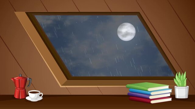 Animated Rainy Night Sky View from Cozy Attic Window Loop
