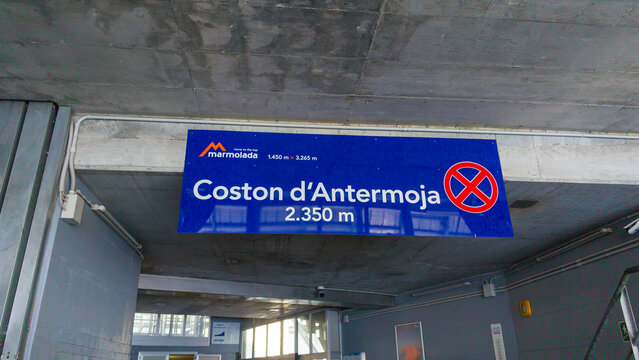 Rocca Pietore, Italy - August, 5, 2026 :  Coston d'Antermoia cable car station on Marmolada, Dolomites, Italy