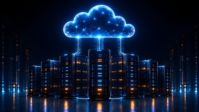 Enterprise server datacenter transferring massive digital data to a secure cloud computing network.