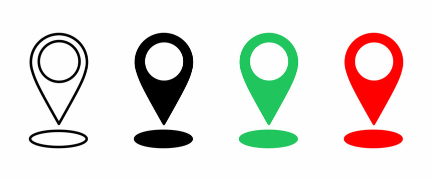 Location pin icon set with outline, black, green and red map markers and oval shadows, isolated on white background for navigation, mapping, interface and graphic design.