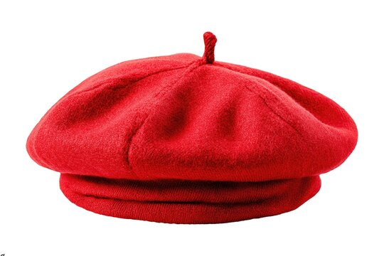 Red wool beret cap isolated on a pure white background with accessory