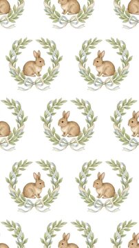 Seamless pattern with cute rabbits inside floral wreaths for Easter