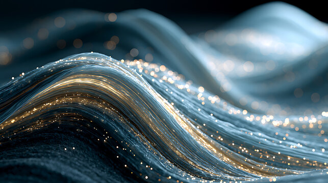 Wavy fluid form with sparkling particles a photorealistic rendering